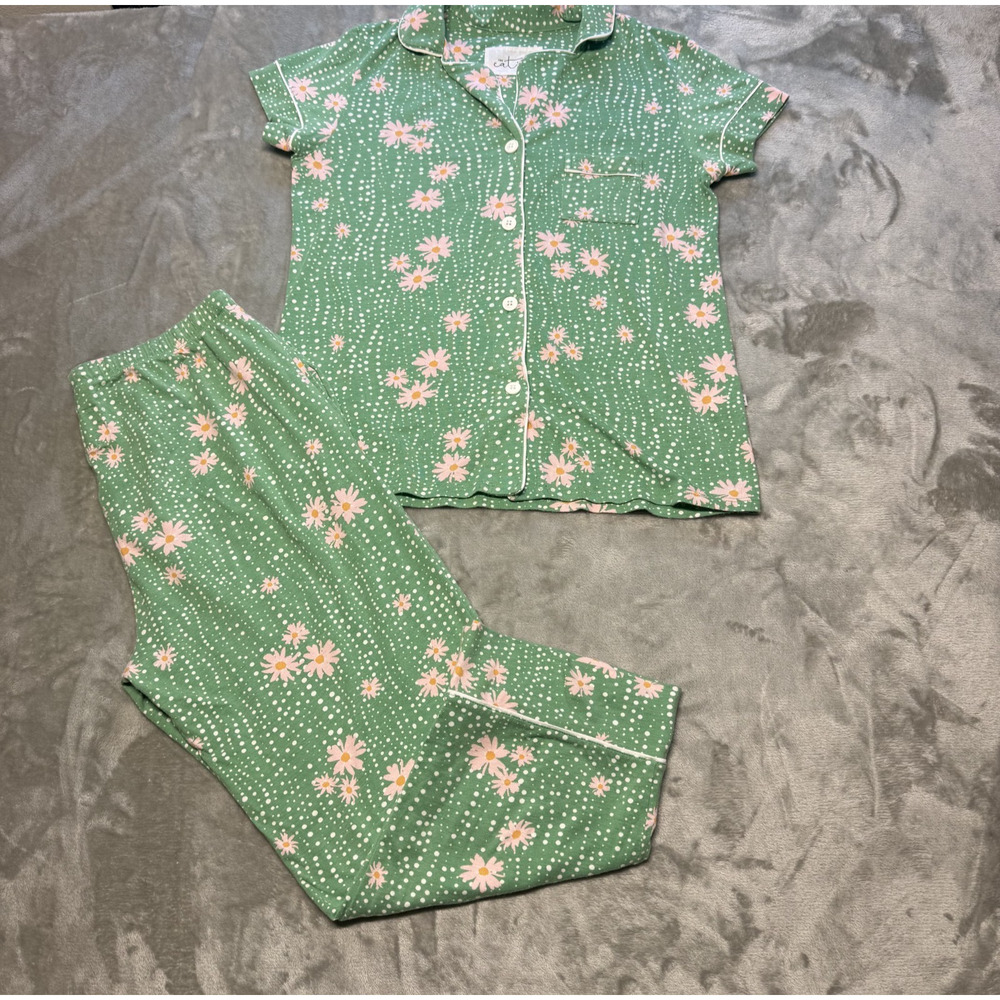 The Cat's Pajamas 2 Pc Pima Cotton‎ Shirt & Ankle Pants Green Floral Sz Small - Picture 7 of 9